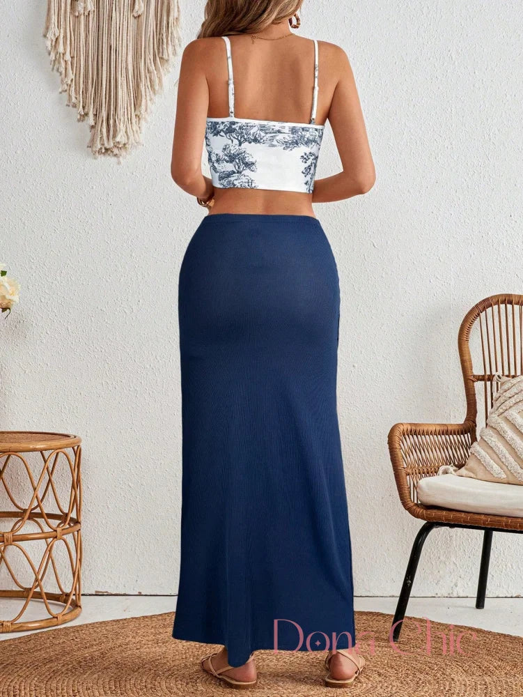 Conjunto Alça Corrente Com Saia Justa E Fenda Conjunto Estampado com Top de Alças e Saia Assimétrica