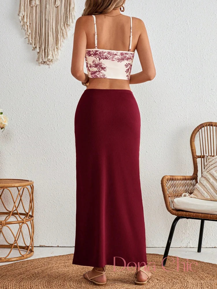 Conjunto Alça Corrente Com Saia Justa E Fenda Conjunto Estampado com Top de Alças e Saia Assimétrica