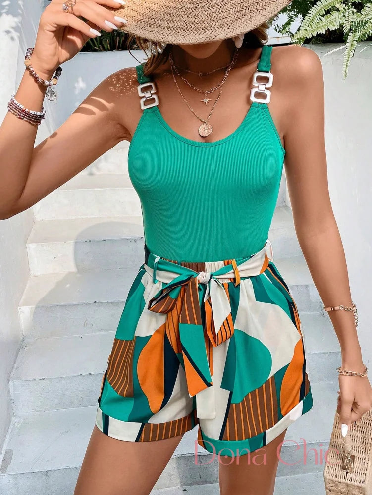 Conjunto Alça Larga Com Shorts Cintura Alta Estampado Conjunto Alça Larga Com Shorts Cintura Alta Estampado