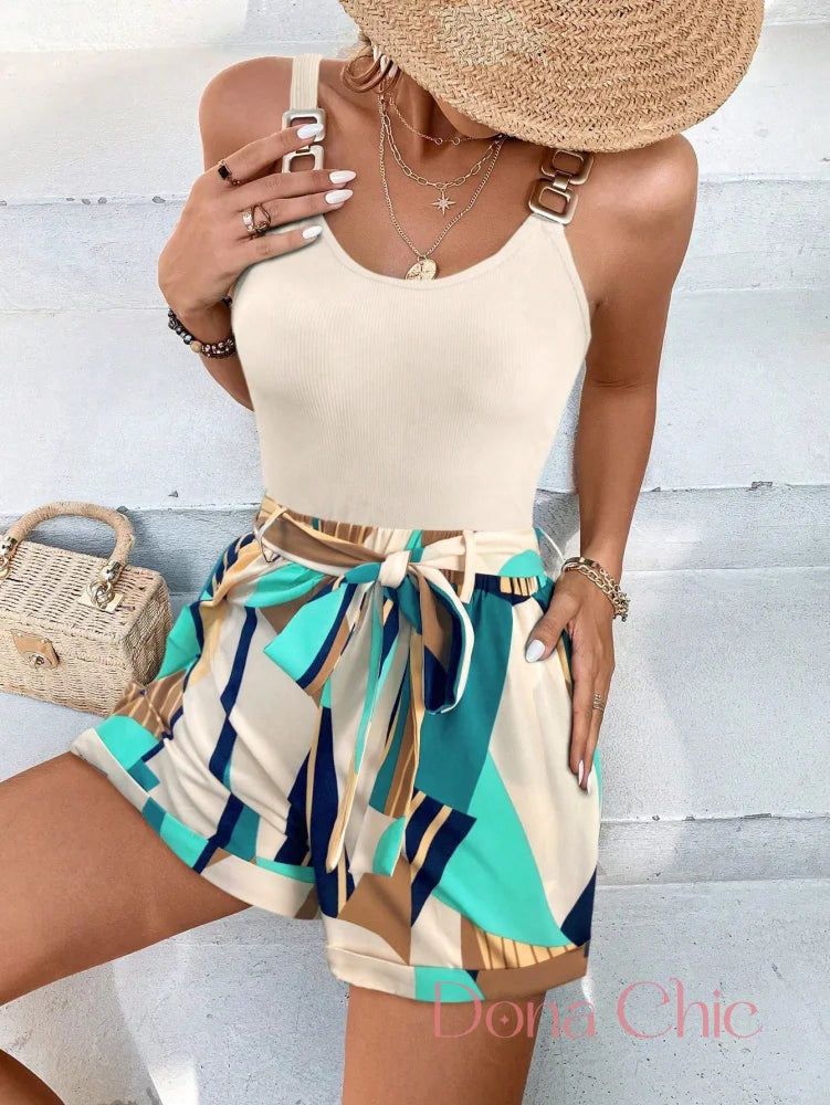 Conjunto Alça Larga Com Shorts Cintura Alta Estampado Conjunto Alça Larga Com Shorts Cintura Alta Estampado