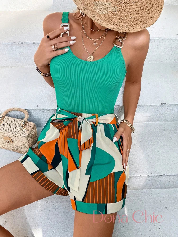 Conjunto Alça Larga Com Shorts Cintura Alta Estampado Conjunto Alça Larga Com Shorts Cintura Alta Estampado