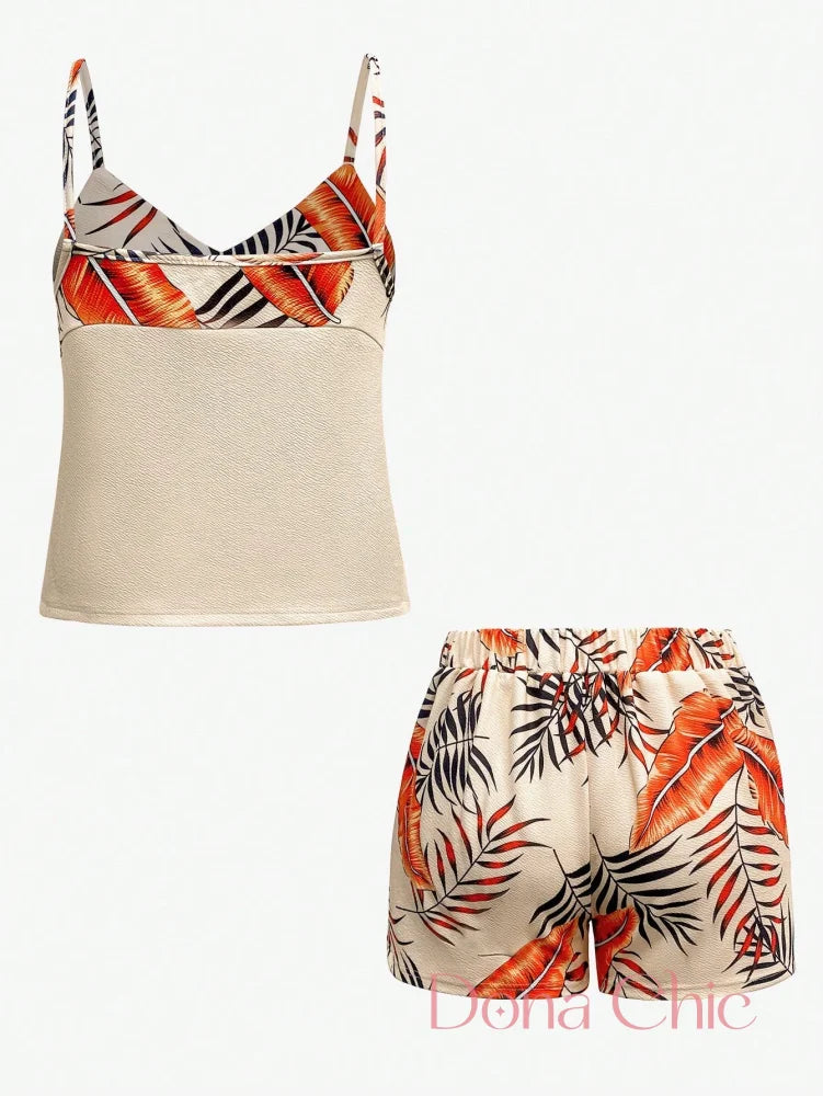 Conjunto Alças Finas Com Estampa De Folhagens Coloridas Conjunto Alças Finas Com Estampa De Folhagens Coloridas