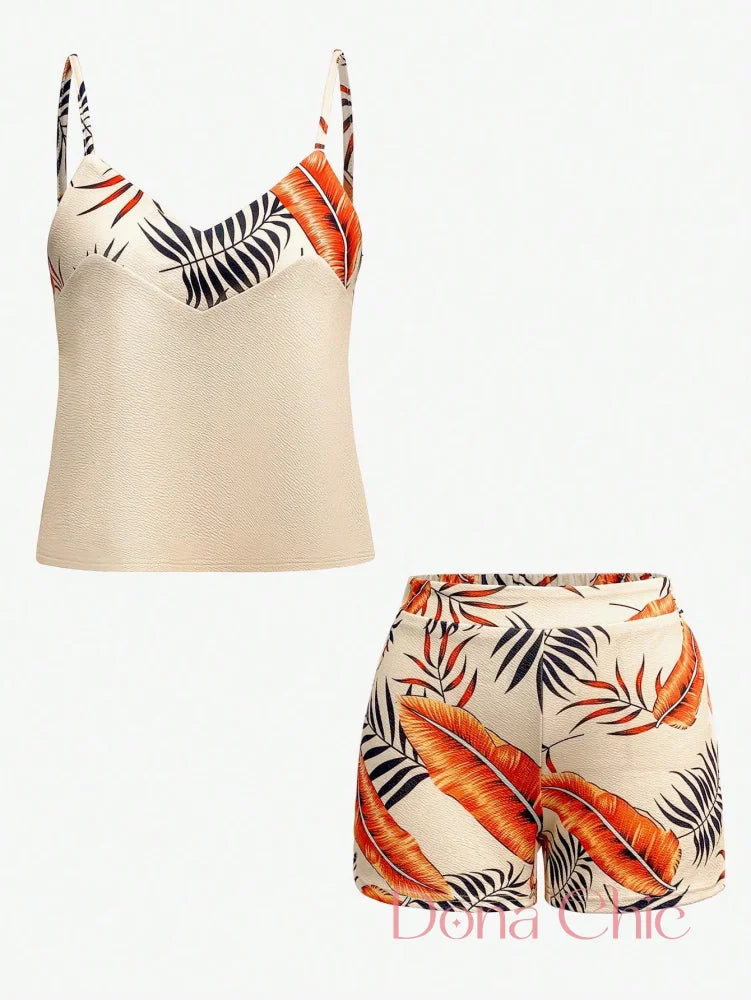 Conjunto Alças Finas Com Estampa De Folhagens Coloridas Conjunto Alças Finas Com Estampa De Folhagens Coloridas