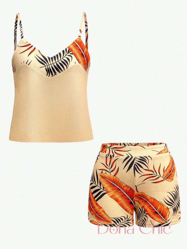 Conjunto Alças Finas Com Estampa De Folhagens Coloridas Conjunto Alças Finas Com Estampa De Folhagens Coloridas