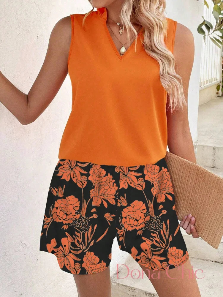 Conjunto Blusa Decote V Com Short Floral Conjunto Blusa Decote V Com Short Floral