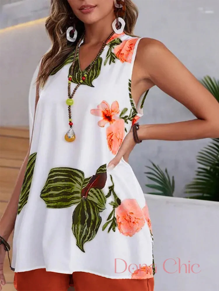 Conjunto Blusa Floral Com Short Liso De Cintura Alta Conjunto Blusa Floral Com Short Liso De Cintura Alta