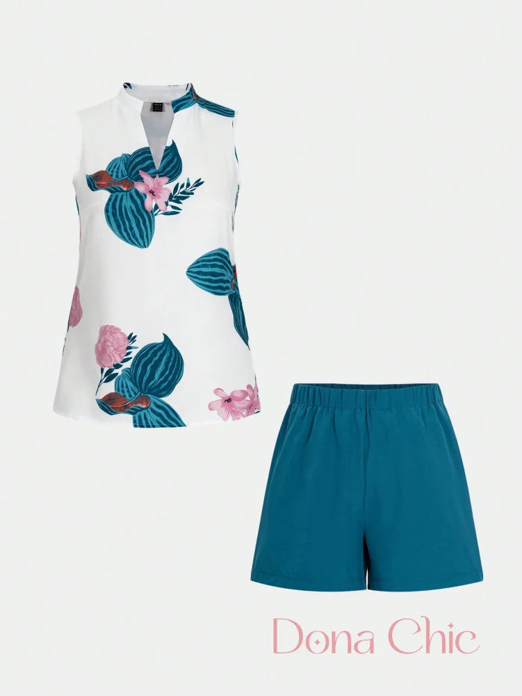 Conjunto Blusa Floral Com Short Liso De Cintura Alta Conjunto Blusa Floral Com Short Liso De Cintura Alta