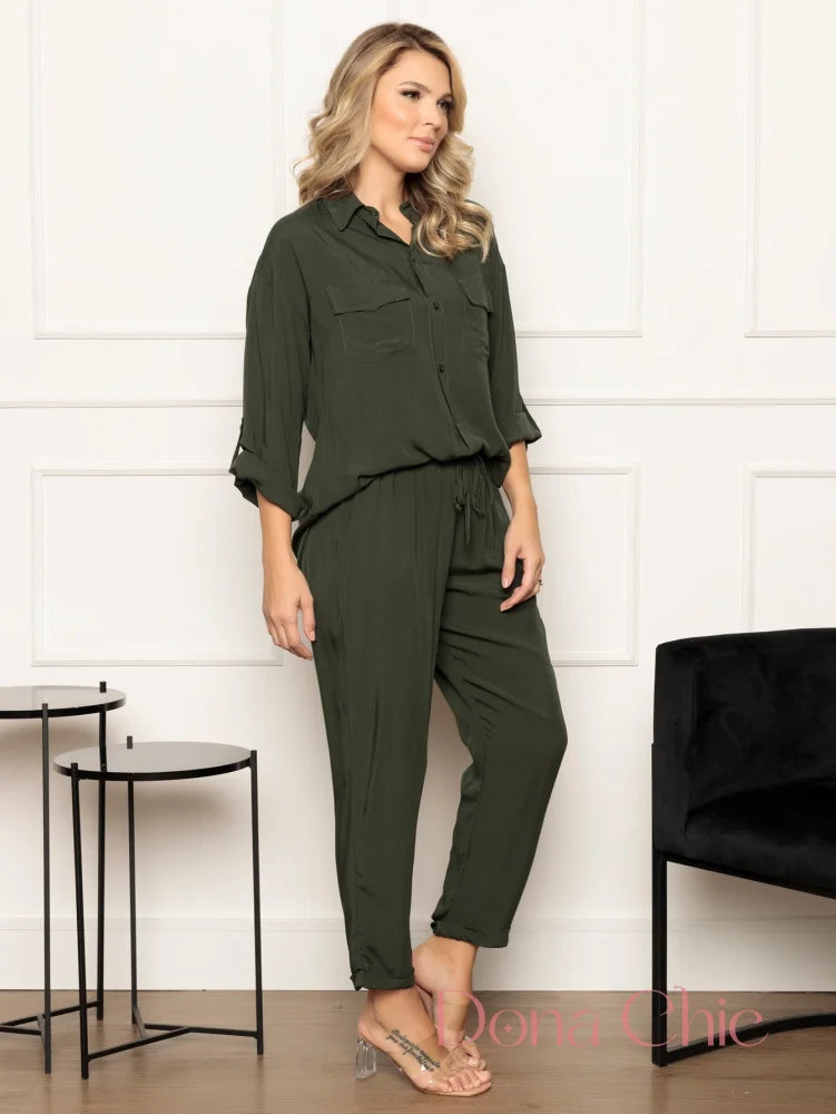 Conjunto Camisa Bolsos Com Calça De Amarração Conjunto Estampado Geométrico Com Blusa Solta