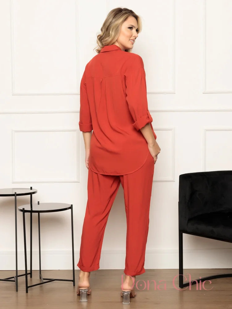 Conjunto Camisa Bolsos Com Calça De Amarração Conjunto Estampado Geométrico Com Blusa Solta
