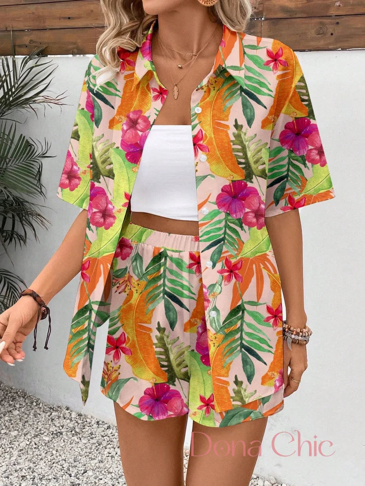 Conjunto Camisa Floral Com Cropped E Short Cintura Alta Conjunto Camisa Floral Com Cropped E Short Cintura Alta