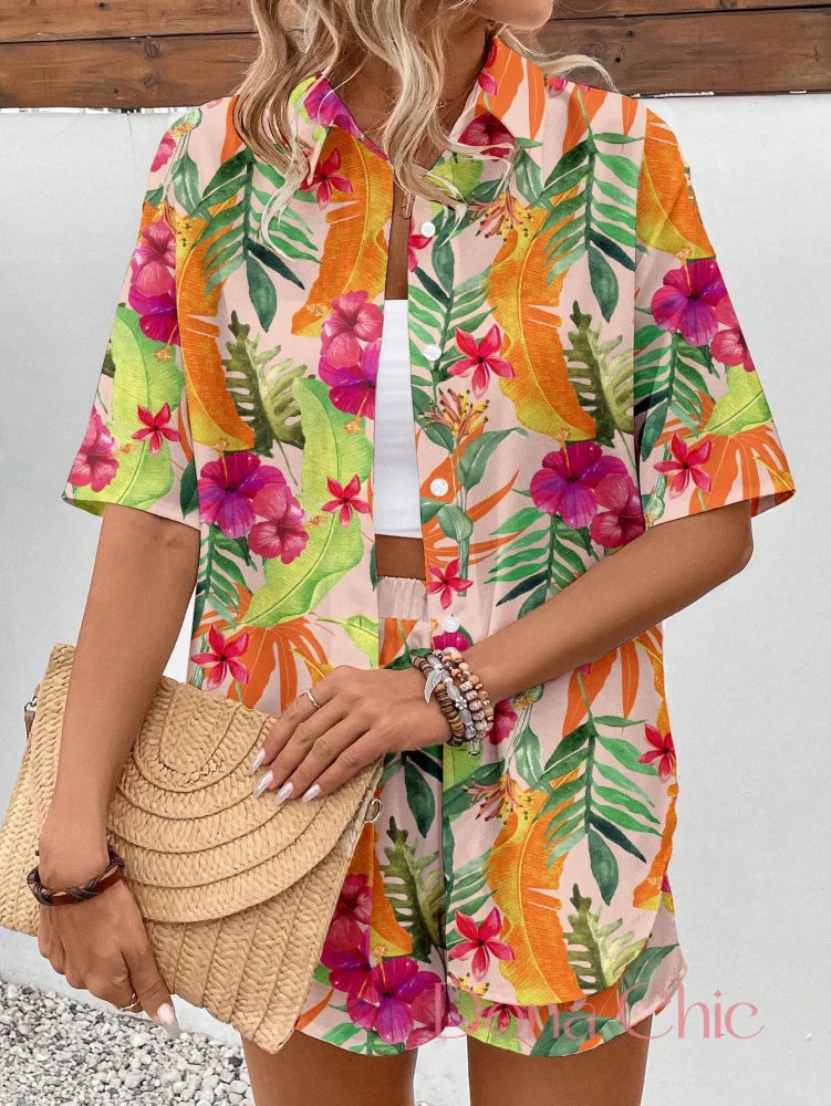 Conjunto Camisa Floral Com Cropped E Short Cintura Alta Conjunto Camisa Floral Com Cropped E Short Cintura Alta