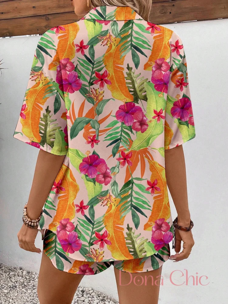 Conjunto Camisa Floral Com Cropped E Short Cintura Alta Conjunto Camisa Floral Com Cropped E Short Cintura Alta