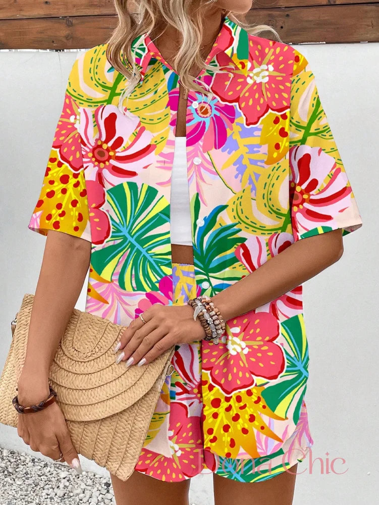 Conjunto Camisa Floral Com Cropped E Short Cintura Alta Conjunto Camisa Floral Com Cropped E Short Cintura Alta