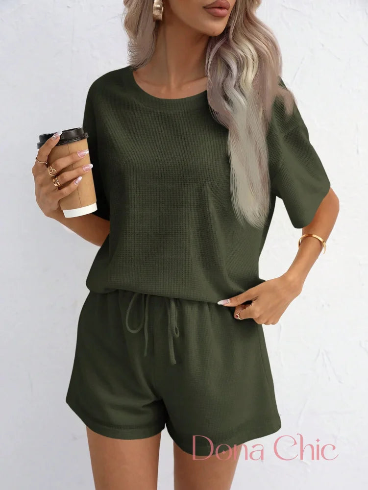 Conjunto Canelado Manga Curta Com Shorts Solto Conjunto Canelado Manga Curta Com Shorts Solto