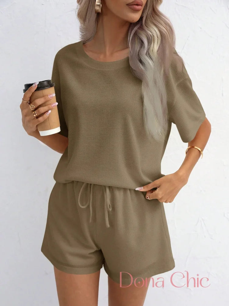 Conjunto Canelado Manga Curta Com Shorts Solto Conjunto Canelado Manga Curta Com Shorts Solto