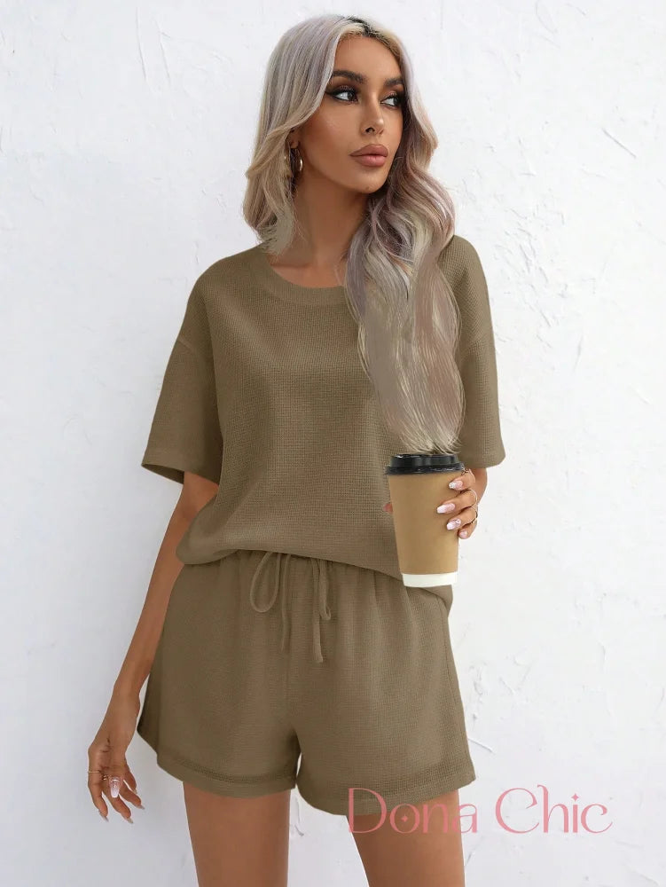 Conjunto Canelado Manga Curta Com Shorts Solto Conjunto Canelado Manga Curta Com Shorts Solto