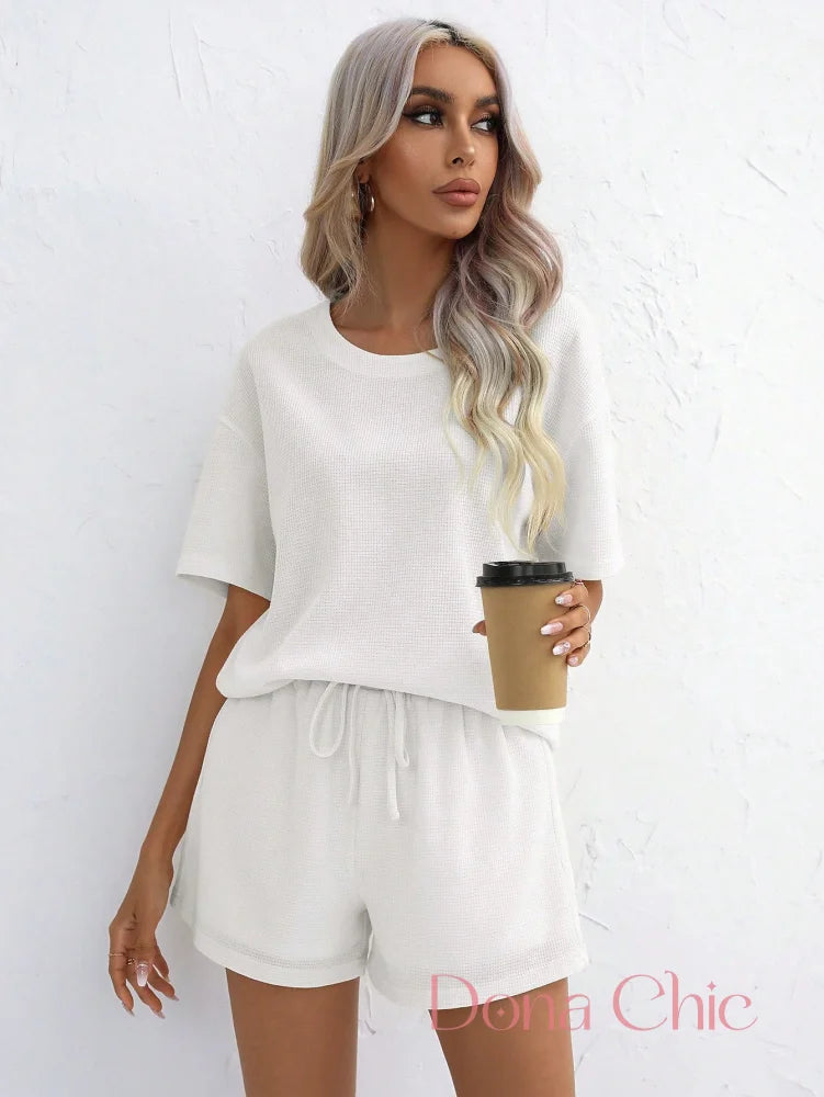 Conjunto Canelado Manga Curta Com Shorts Solto Conjunto Canelado Manga Curta Com Shorts Solto