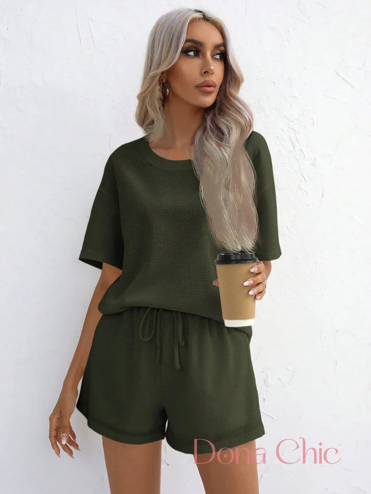 Conjunto Canelado Manga Curta Com Shorts Solto Conjunto Canelado Manga Curta Com Shorts Solto