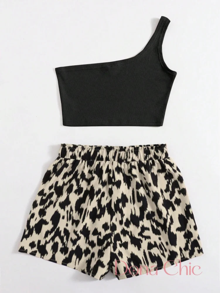 Conjunto Cropped Assimétrico Com Short Animal Print Conjunto Cropped Assimétrico Com Short Animal Print