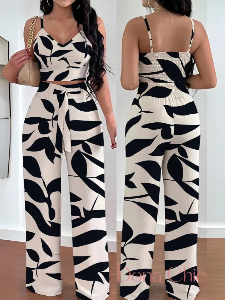 Conjunto Cropped Com Calça Pantalona Floral Charmosa Conjunto Floral com Top Cropped e Calça Wide Leg