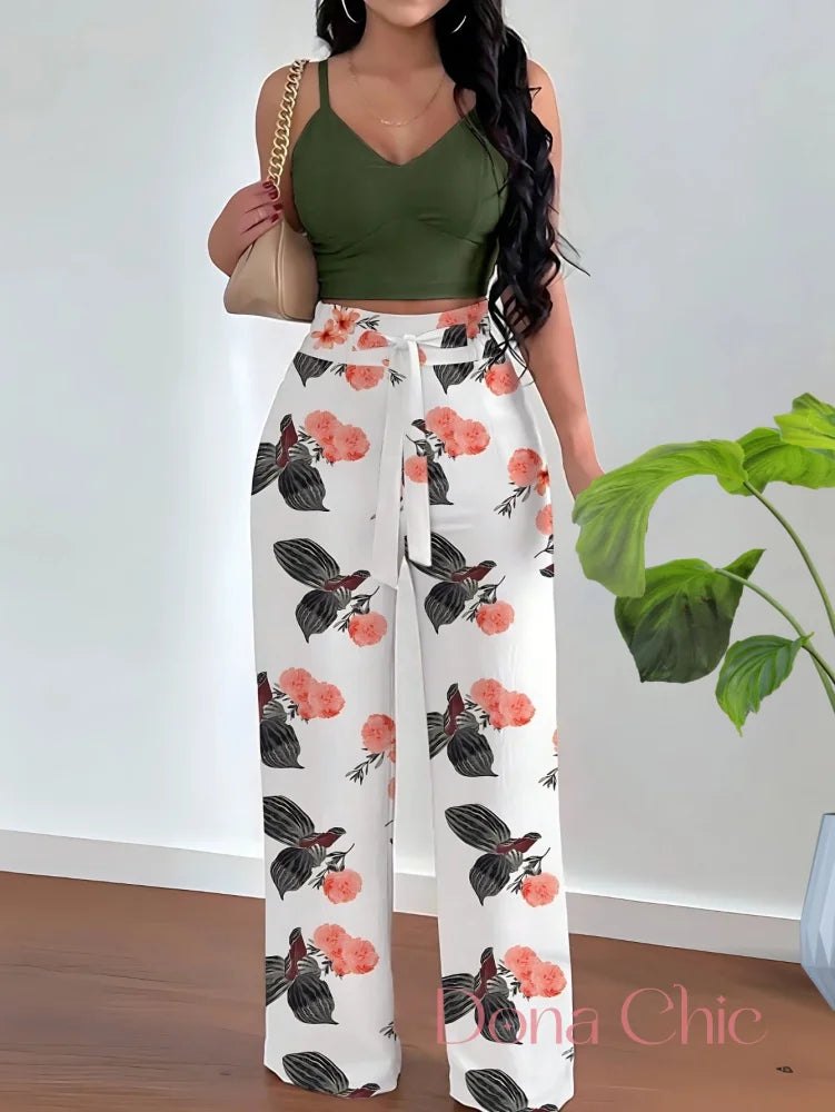Conjunto Cropped Com Calça Pantalona Floral Charmosa Conjunto Floral com Top Cropped e Calça Wide Leg