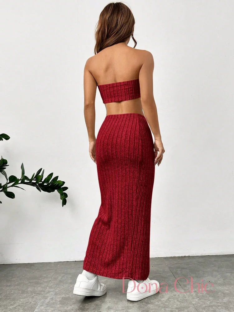 Conjunto Cropped Com Saia Longa Canelada E Fenda Lateral Conjunto Cropped Com Saia Longa Canelada E Fenda Lateral