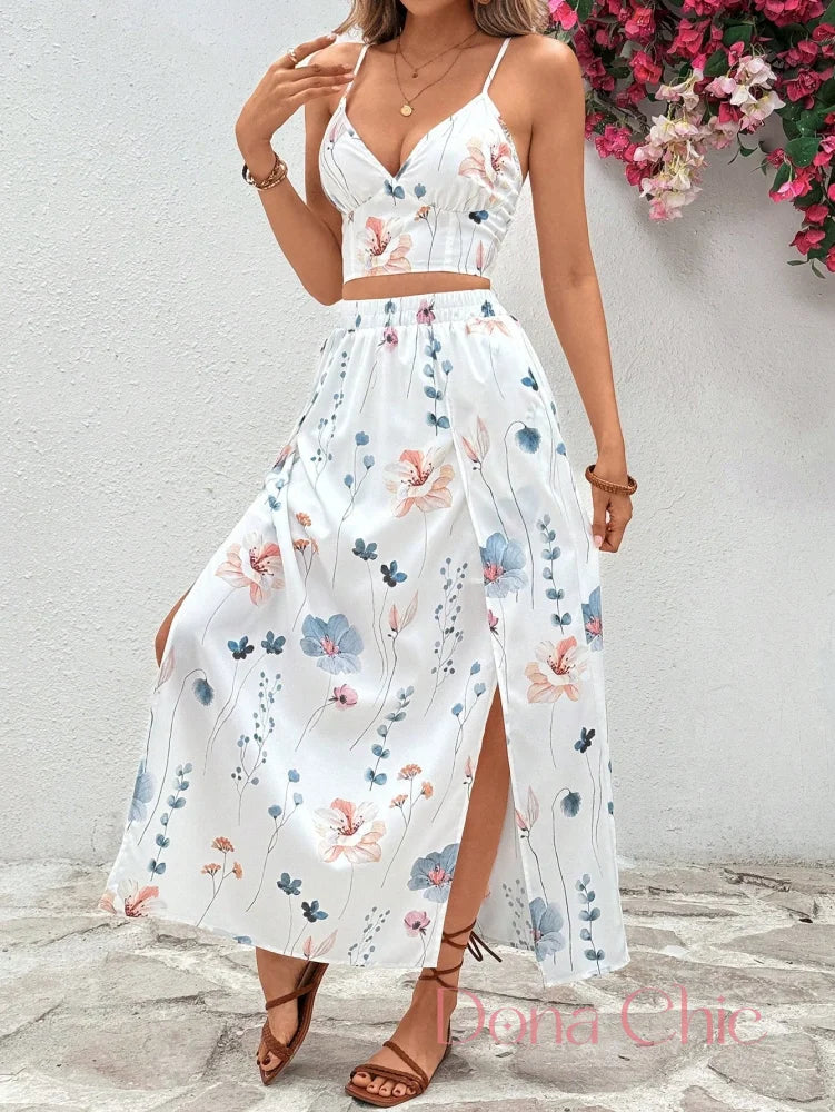 Conjunto Cropped Com Saia Longa Floral E Fenda Lateral Conjunto Cropped Com Saia Longa Floral E Fenda Lateral