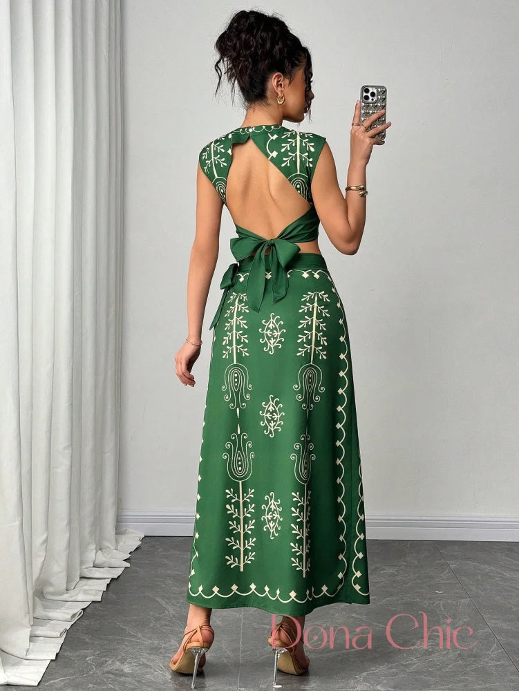Conjunto Cropped Estampado Com Saia Longa E Fenda Conjunto Cropped Estampado Com Saia Longa E Fenda