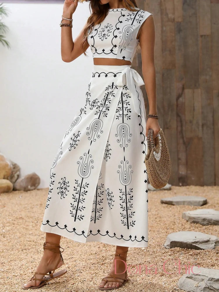 Conjunto Cropped Estampado Com Saia Longa E Fenda Conjunto Cropped Estampado Com Saia Longa E Fenda