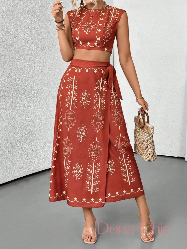 Conjunto Cropped Estampado Com Saia Longa E Fenda Conjunto Cropped Estampado Com Saia Longa E Fenda