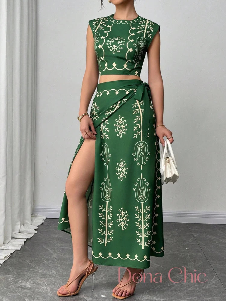 Conjunto Cropped Estampado Com Saia Longa E Fenda Conjunto Cropped Estampado Com Saia Longa E Fenda