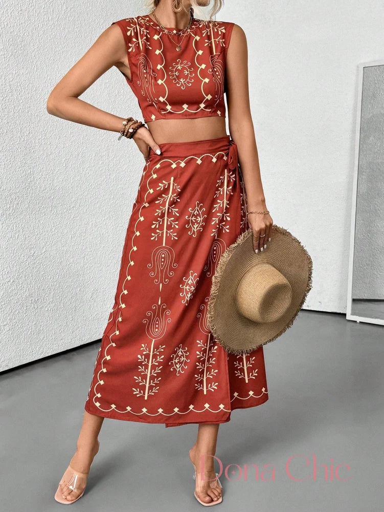 Conjunto Cropped Estampado Com Saia Longa E Fenda Conjunto Cropped Estampado Com Saia Longa E Fenda