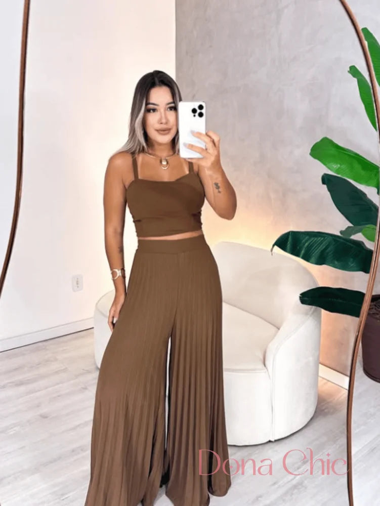 Conjunto Cropped Laço Frontal Com Calça Plissada Fluida Conjunto Estampado Geométrico Com Blusa Solta