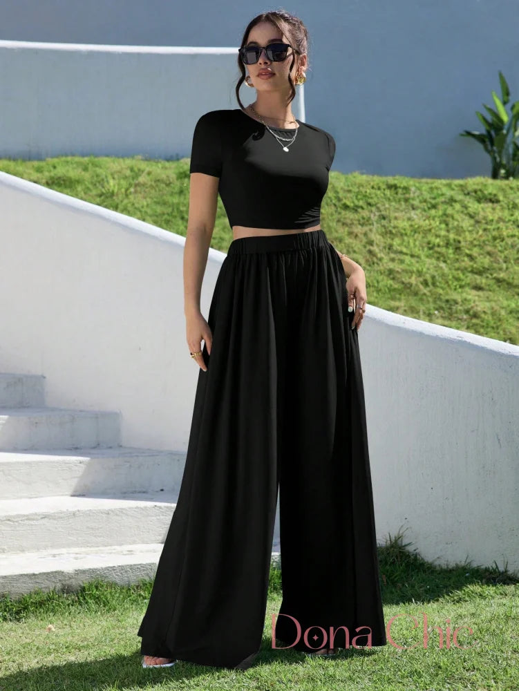 Conjunto Cropped Manga Curta E Calça Pantalona Conjunto Cropped Manga Curta E Calça Pantalona