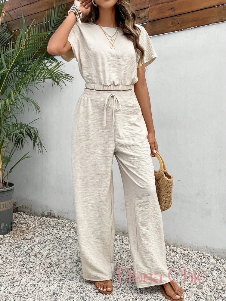 Conjunto Cropped Texturizado Com Calça De Amarração Conjunto Estampado Geométrico Com Blusa Solta