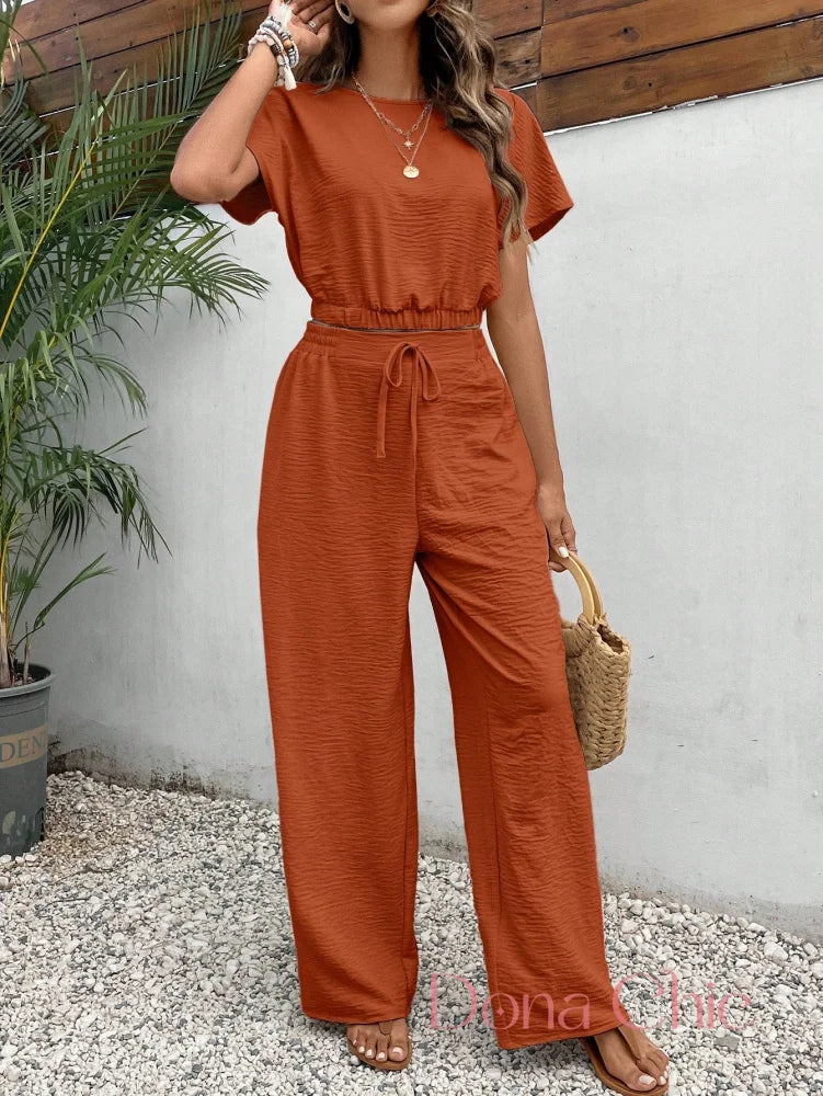 Conjunto Cropped Texturizado Com Calça De Amarração Conjunto Estampado Geométrico Com Blusa Solta