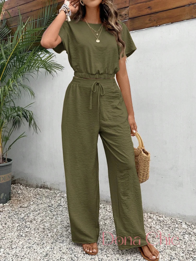 Conjunto Cropped Texturizado Com Calça De Amarração Conjunto Estampado Geométrico Com Blusa Solta