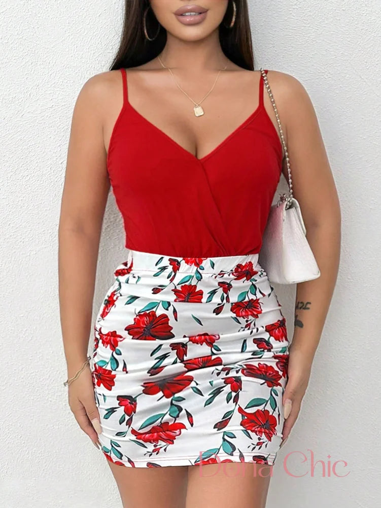 Conjunto Decote V Com Saia Justa Estampada Floral Conjunto Com Zíper Frontal E Saia Longa Com Fenda
