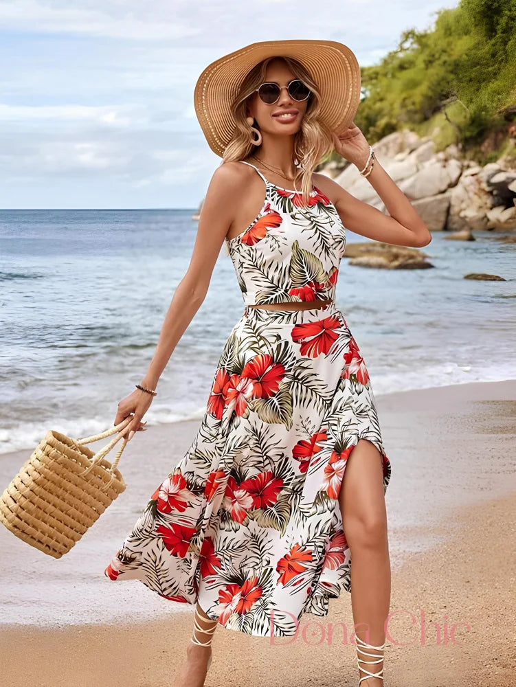 Conjunto Estampado Com Fenda Lateral E Blusa Cropped Conjunto Blusa Lisa Com Short Floral E Babado Duplo