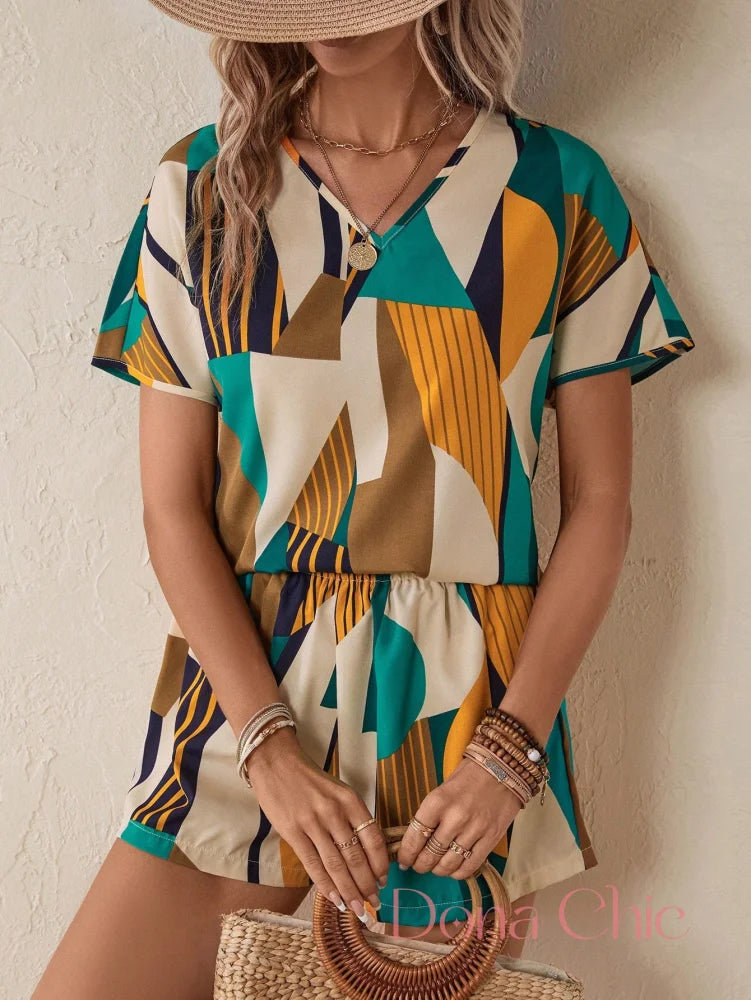 Conjunto Estampado Geométrico Com Caimento Leve Conjunto Geométrico com Blusa Manga Morcego e Shorts