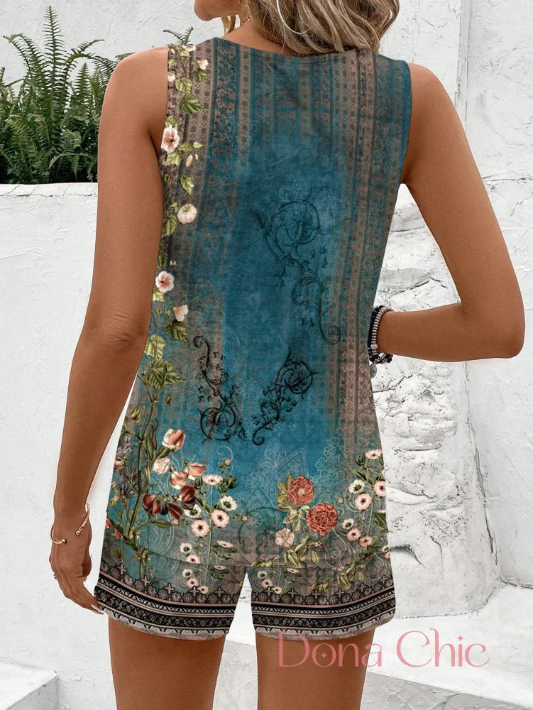 Conjunto Floral Regata Com Shorts Estilo Boho Conjunto Estampado com Regata e Shorts com Bolsos