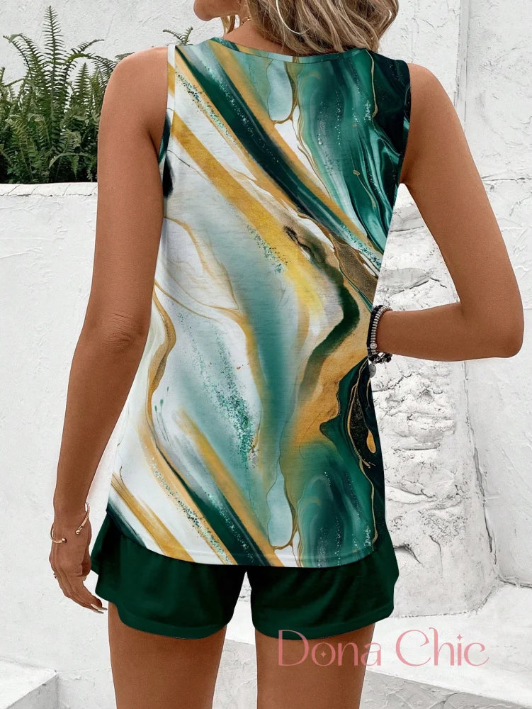 Conjunto Listrado Regata Com Shorts De Amarração Conjunto Listrado com Regata e Camiseta de Manga Curta