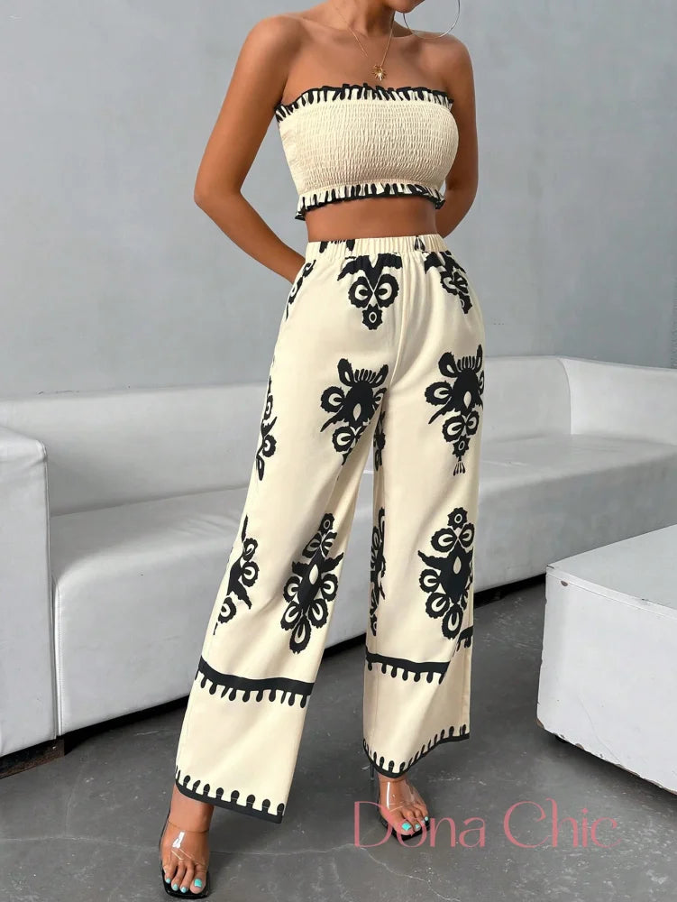 Conjunto Top Tomara Que Caia Com Calça Estampada Flare Conjunto Top Tomara Que Caia Com Calça Estampada Flare