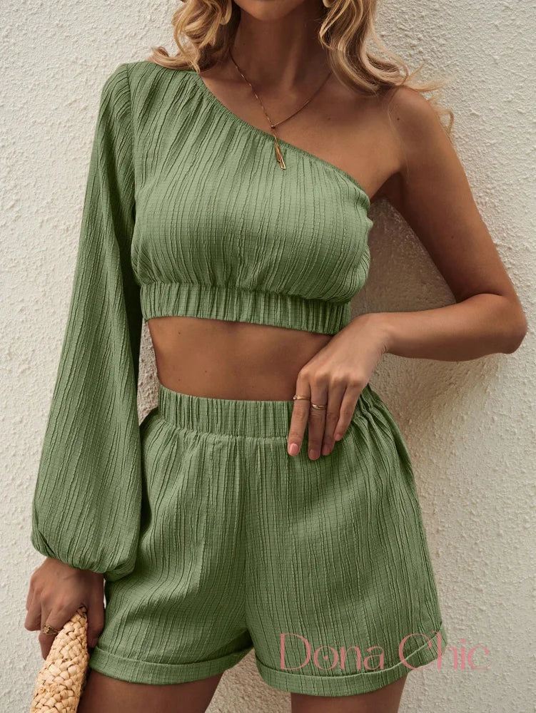Conjunto Um Ombro Só Canelado Com Shorts Solto Conjunto Um Ombro Só Canelado Com Shorts Solto