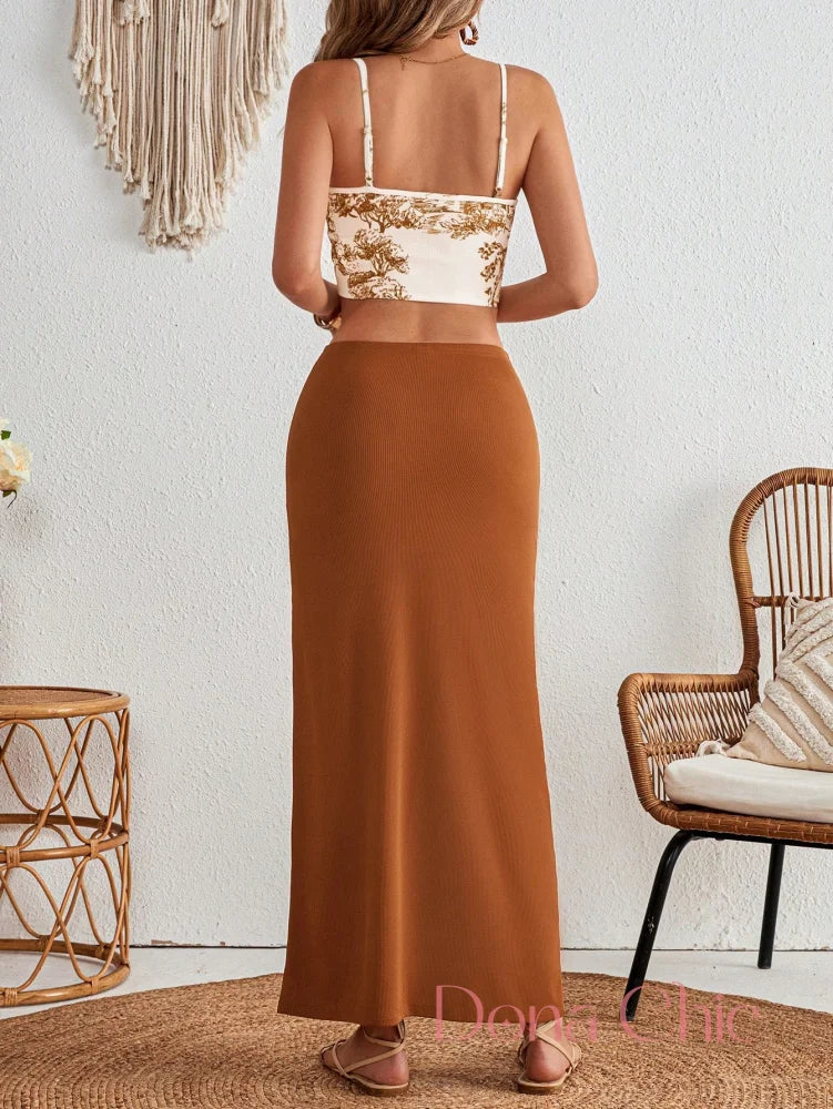 Conjunto Alça Corrente Com Saia Justa E Fenda Conjunto Estampado com Top de Alças e Saia Assimétrica