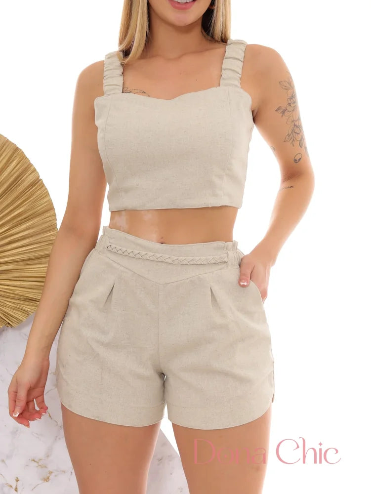 Conjunto Alça Larga Com Detalhe Franzido E Shorts Bege / P Conjunto Alça Larga Com Detalhe Franzido E Shorts