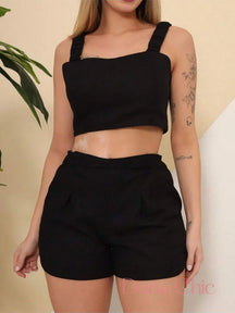 Conjunto Alça Larga Com Detalhe Franzido E Shorts Preto / P Conjunto Alça Larga Com Detalhe Franzido E Shorts