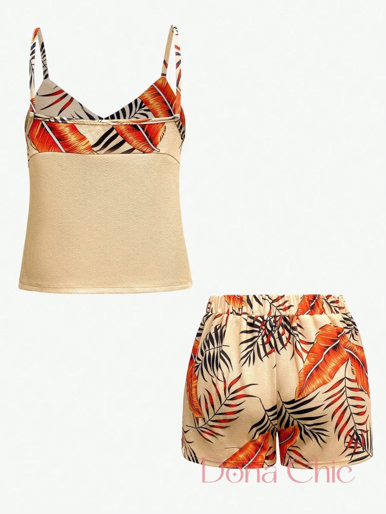 Conjunto Alças Finas Com Estampa De Folhagens Coloridas Conjunto Alças Finas Com Estampa De Folhagens Coloridas
