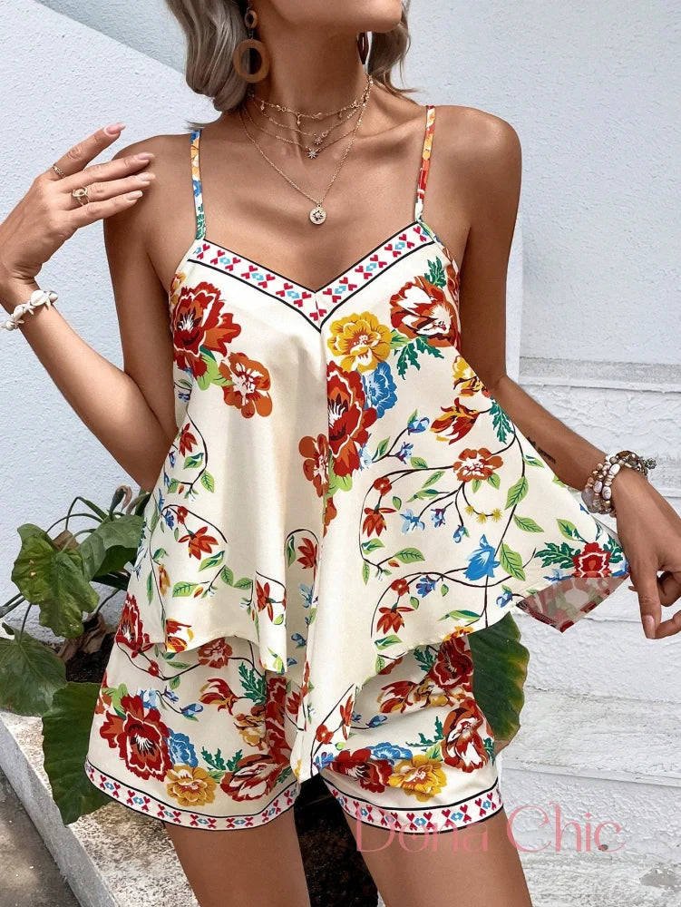 Conjunto Alças Finas Com Estampa Floral Colorida Damasco / P Conjunto Alças Finas Com Estampa Floral Colorida