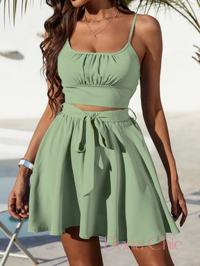 Conjunto Alças Finas Com Saia Rodada E Cintura Laço P Conjunto Alças Finas Com Saia Rodada E Cintura Laço